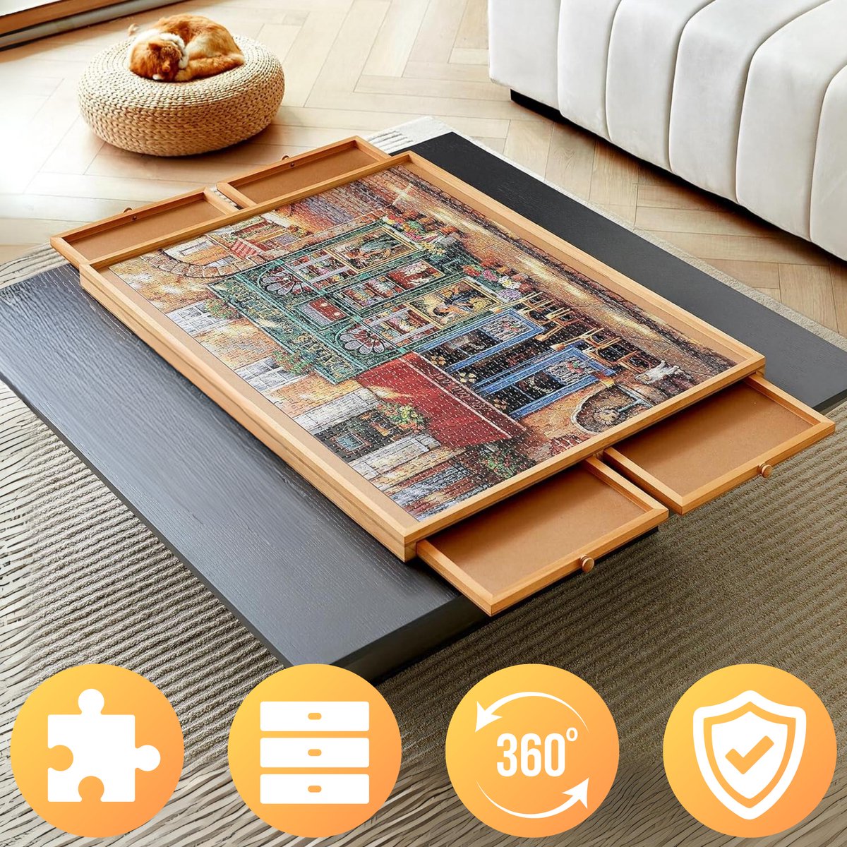 DreamGoods Puzzeltafel met Lades - 1000 Stukjes - Draaibaar Puzzelbord met Opbergsysteem - 100% Houten Puzzelplank - Luxe Puzzelmap - Geschikt voor 1000 stukjes - Puzzelmat - Portapuzzle - Puzzelplaat