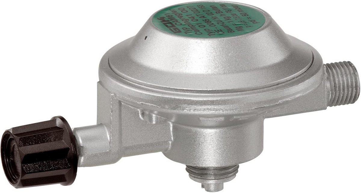 Gasdrukregelaar 50 mbar 1/4 inch voor campingflessen met naaldventiel