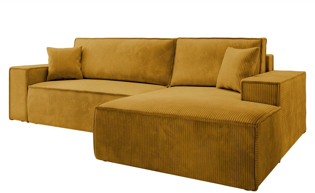 Selsey Farese New – Hoekbank van corduroy met slaapfunctie en opbergruimte, Mosterdgeel, Rechts