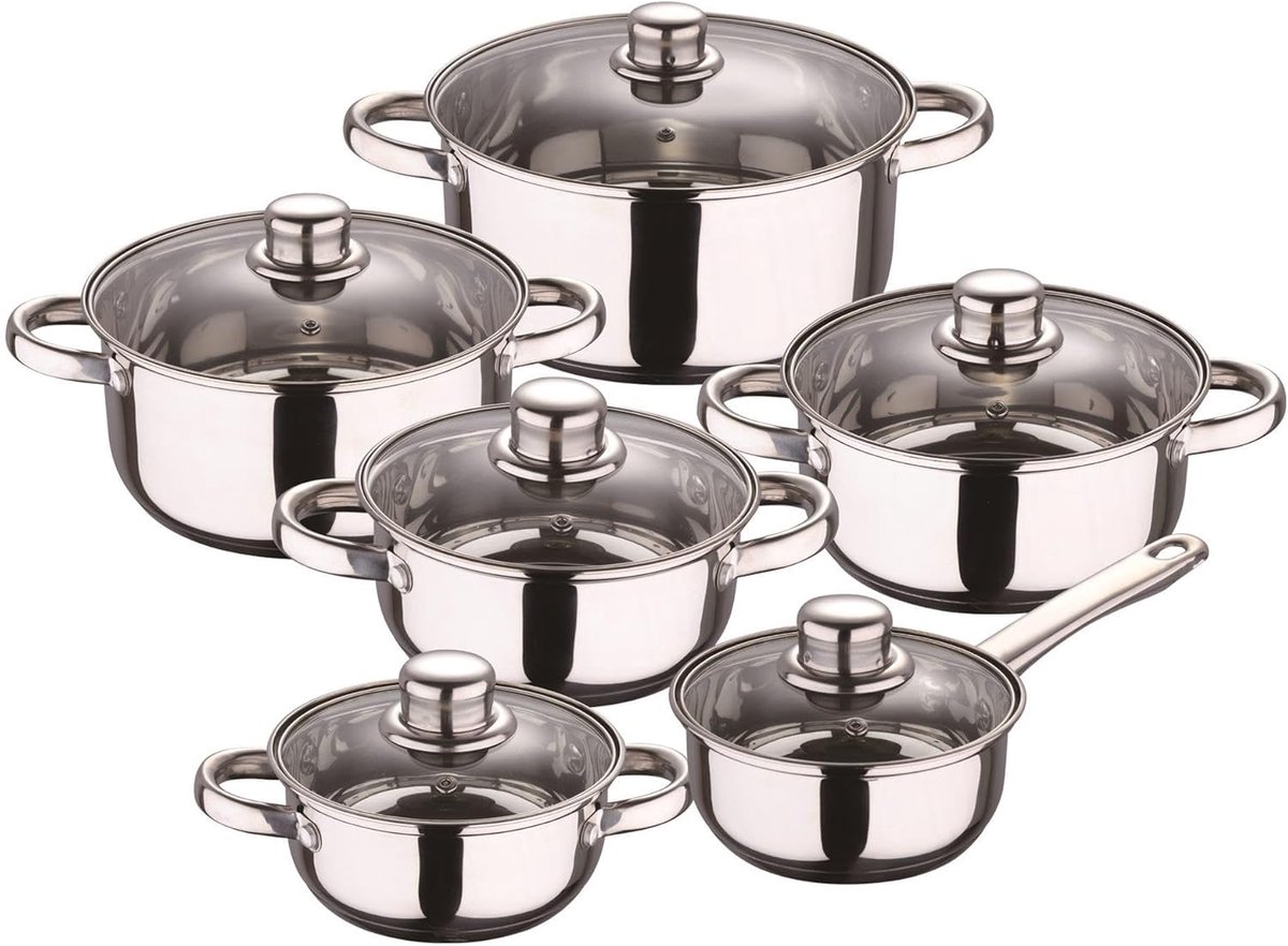 12-Delige RVS Pannenset met Inductiebodem en Ergonomische Handvatten