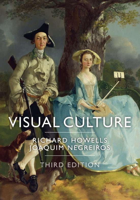 Culture Visuelle, Troisième Édition. Homme et femme en tenue du 18ème siècle, avec un chien, devant un arbre. Ils tiennent un perche à selfie.