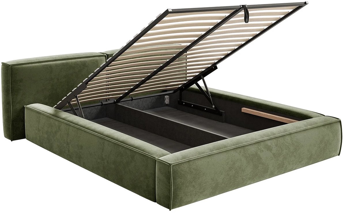 Gestoffeerd bed 180x200 cm met opbergruimte Kaki – Modern velours tweepersoonsbed met gasv