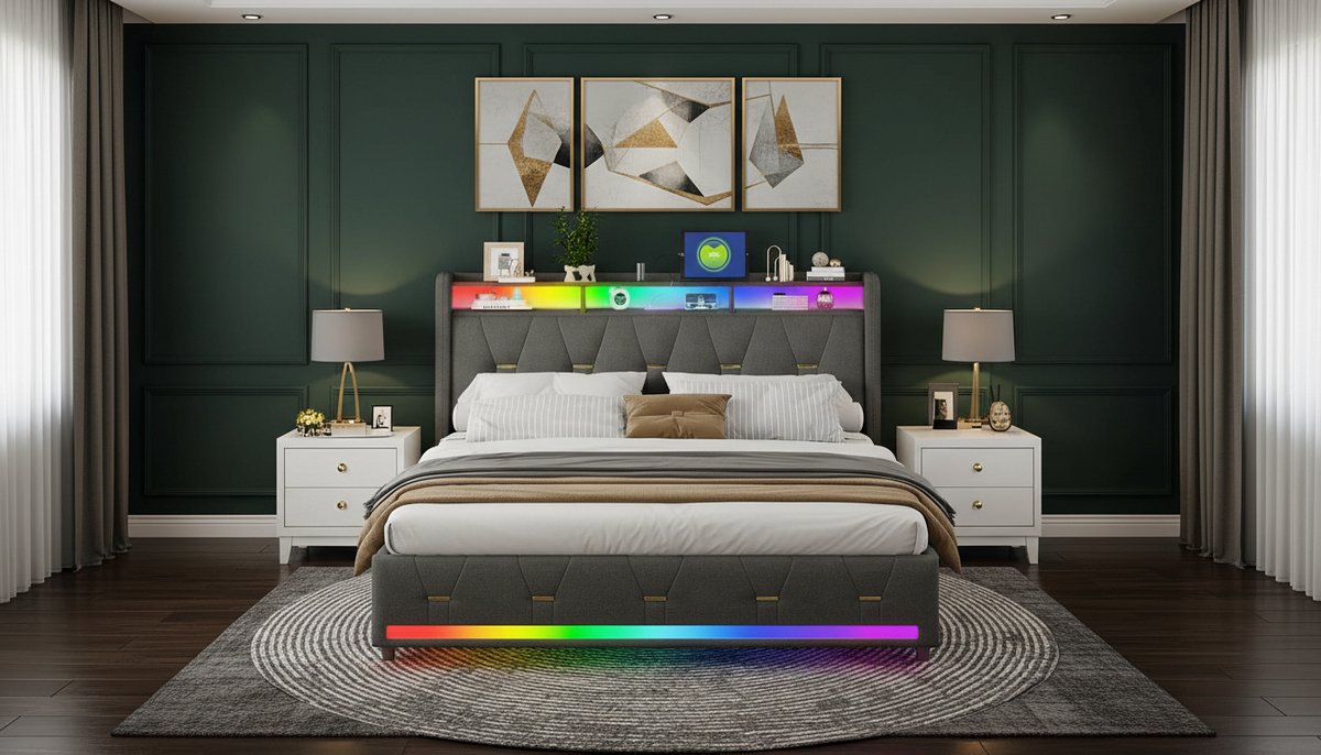 Gestoffeerd Tweepersoonsbed 140x200 cm met LED Verlichting, 4 Opberglades, USB & Type-C Oplaadstation, Opberghoofdbord en Houten Lattenbodem – Modern Linnen Bedframe – Grijs – Casa Velluto Luna Smart Storage Bed