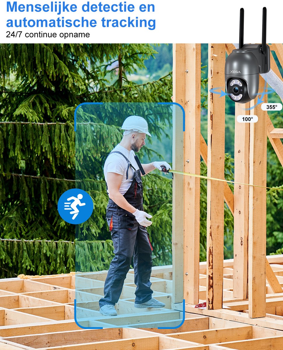Xega 4G Buiten Beveiligingscamera met SIM Kaart - 24/7 Continue Opname Mensendetectie & Automatische Tracking, 2K HD Nachtzicht, IP66 Waterdicht Buiten Camera – foto 2