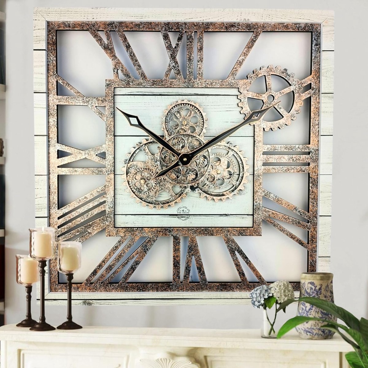 Grote Vierkante Wandklok met Zichtbare Bewegende Tandwielen 61cm Rustiek Vintage Industrieel Design