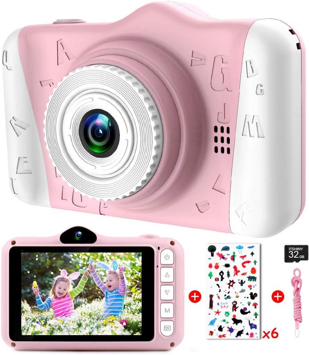 Digitale Kinderfotocamera met Groot 3.5 Inch Display - 1080P HD, 12MP en 32GB SD-kaart - Cadeau voor Meisjes en Jongens