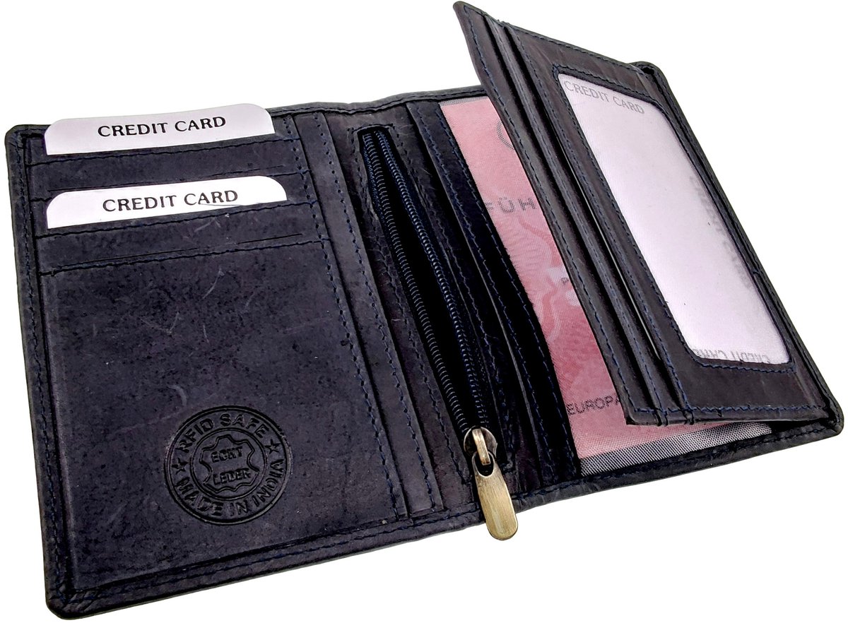 Compacte Leren Portemonnee Unisex, RFID-bescherming, Pasjesvakken, ID venster - Echt Leer Donkerblauw