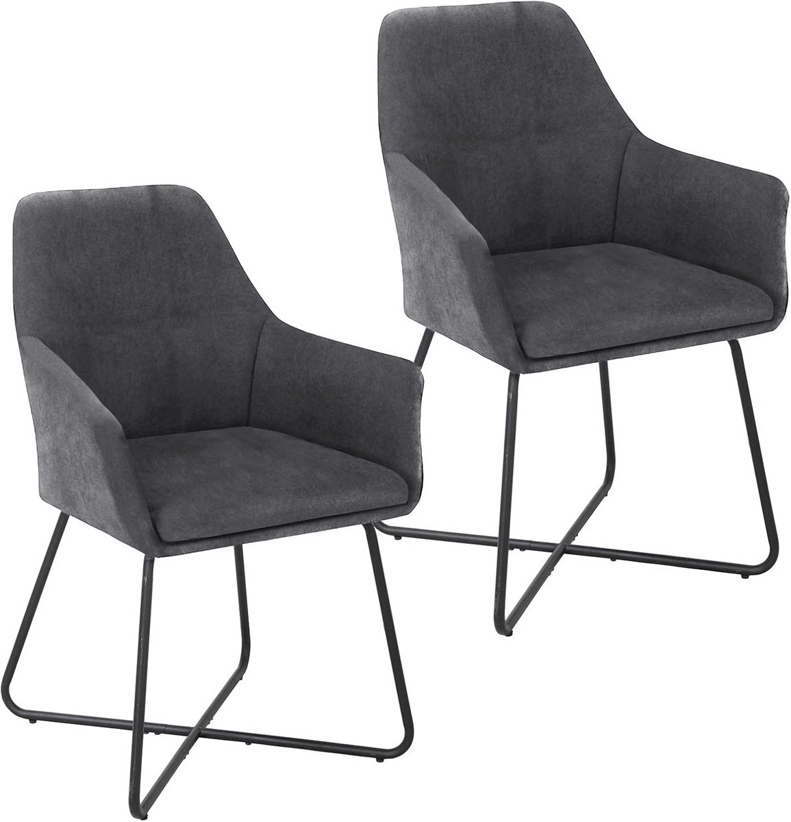Set van 2 Eetkamerstoelen Bekleed Stoffen Comfortabele Armleuningen Donkergrijs