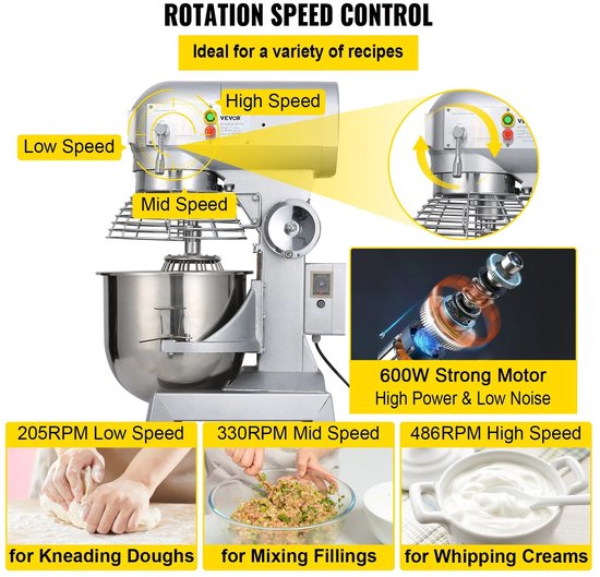 Industriële Keukenmixer - Commerciële Standmixer - 15 Qt Roestvrijstalen Mengkom - 600W Krachtige Motor - 3 Instelbare Snelheden - Spiraaldeeghaak - Platte Klopper - Draadzweep - Veiligheidsschild - Bakkerij - Horeca van Merkloos — afbeelding 3