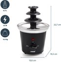 Zwarte Princess chocoladefontein met 3 lagen, met afmetingen: H: 22,7cm, B: 15,6cm, D: 15,3cm. Capaciteit 0,4L, 32W, 0,8kg.