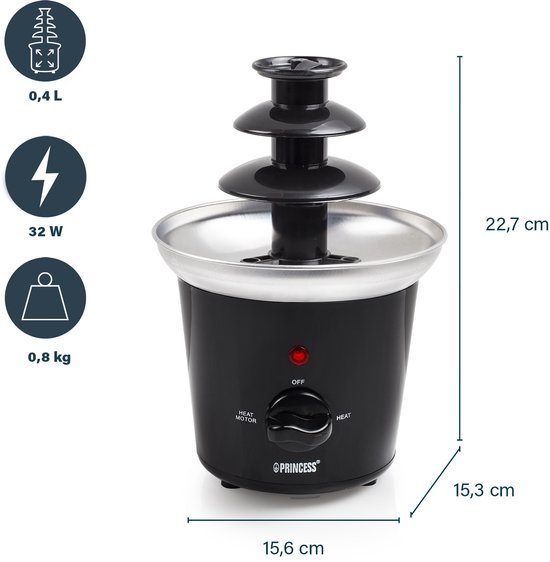 Zwarte Princess chocoladefontein met 3 lagen, met afmetingen: H: 22,7cm, B: 15,6cm, D: 15,3cm. Capaciteit 0,4L, 32W, 0,8kg.