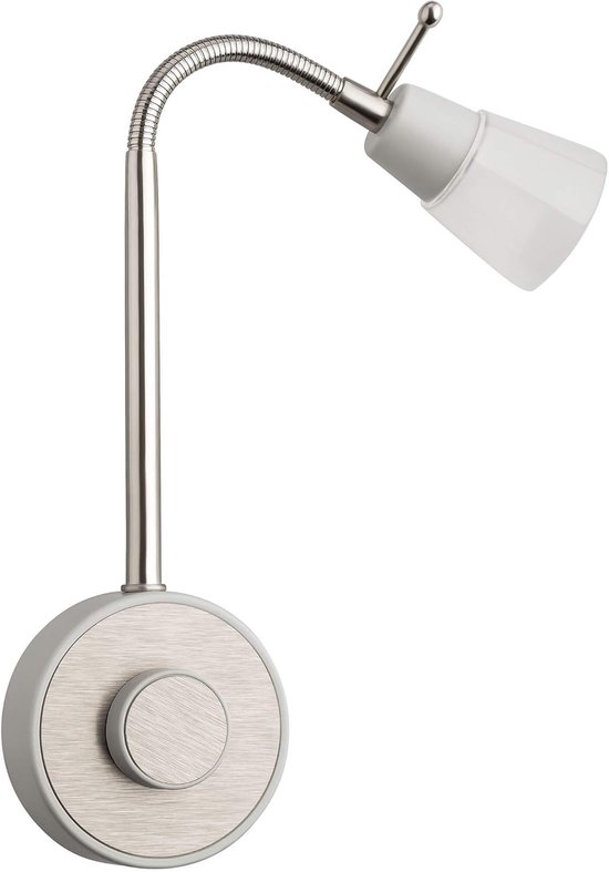 Een wandlamp met een zilveren zwanenhals en een ronde basis met draaiknop.