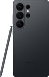 Zwarte Samsung smartphone, achterkant met vier camera's, stylus rechts.