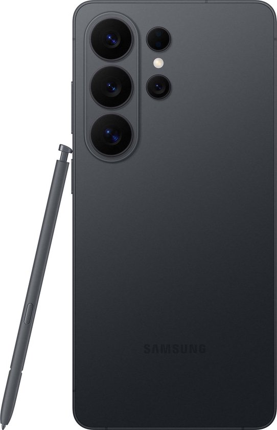 Zwarte Samsung smartphone, achterkant met vier camera's, stylus rechts.