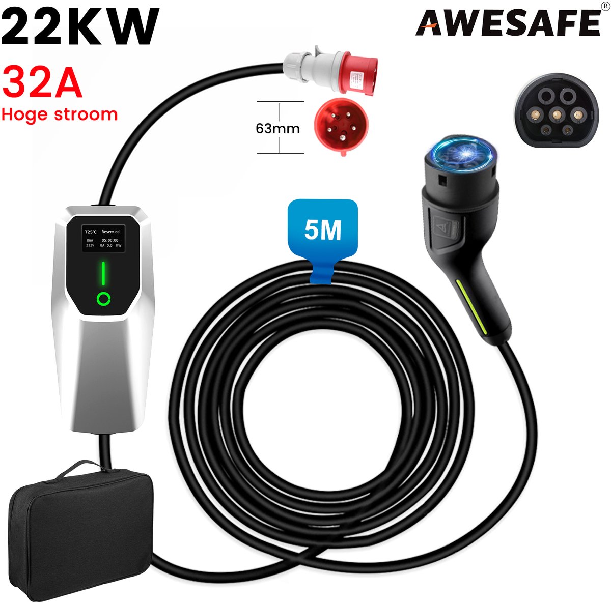 Awesafe Draagbare Laadkabels - Mobiele Wallbox EV Lader 22kW 32A Type 2 met 5m Kabel - IP67 Regenbestendig - 3 Fase - Type 2 Laadpaal - 6A/8A/10A/13A/16A/20A/24A/32A Schakelbaar - Met handtas