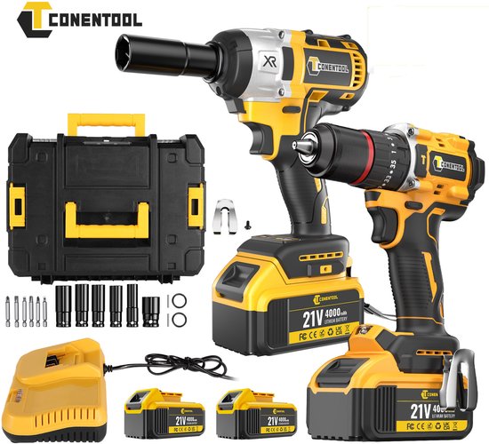 CONENTOOL 21V 2-in-1 Gereedschapsset – 420Nm Accu Slagmoersleutel en 55Nm Boormachine – Incl. 2x 4.0Ah Accu, Snellader en Accessoires – Voor Auto-onderhoud en Klussen