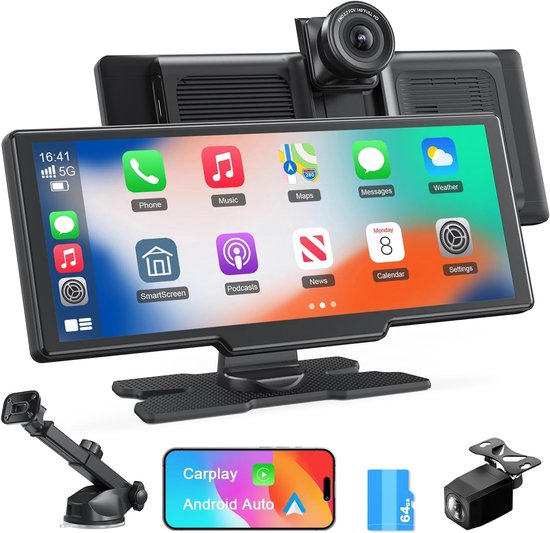 Avylet 9,26″ Draadloos CarPlay & Android Auto Scherm met 4K Dashcam en 1080P Achteruitrijcamera, GPS Navigatie