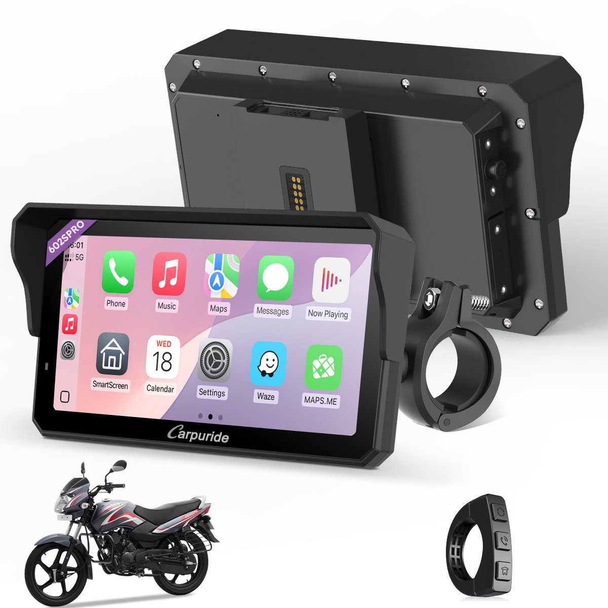 Carpuride W602S Pro - 6-inch - CarPlay voor motorfietsen - plug-and-play BM05-beugel - Type-C-poort
