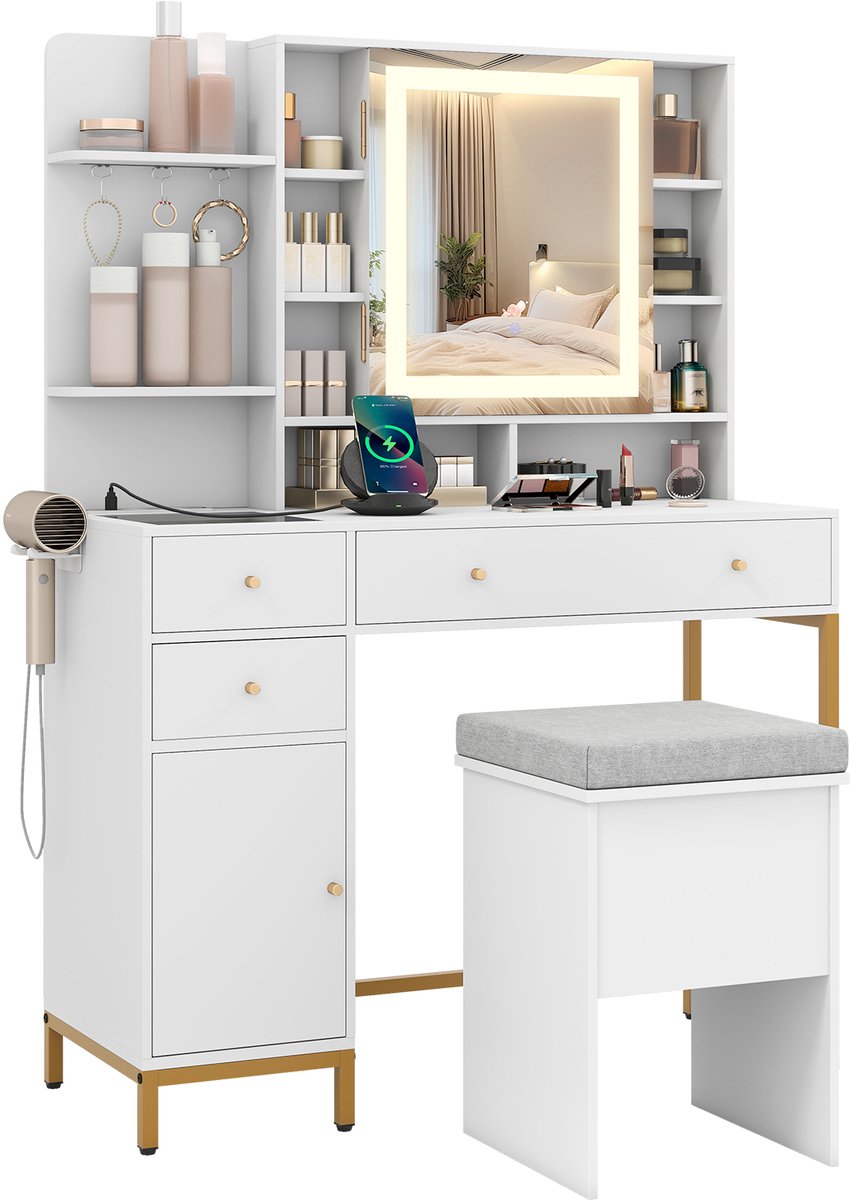 COSTWAY Make-uptafel met led-spiegel, kaptafel en krukset met laadstation, 3-kleuren-verli