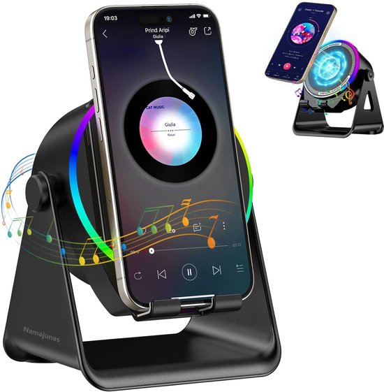 Draadloze 5-in-1 Bluetooth Speaker met Inductie Telefoonhouder, RGB LED, 360° Verstelbaar, Oplader voor iPhone/Android
