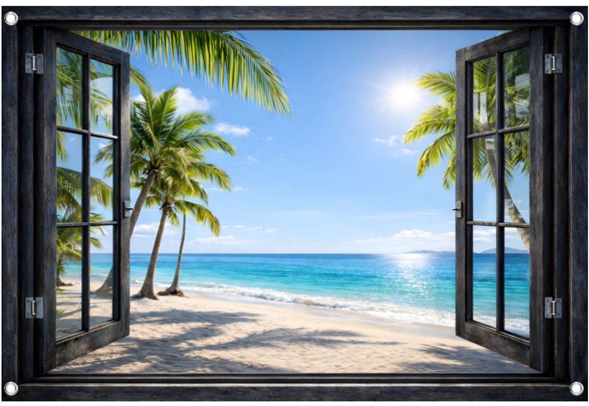 Tuinposter Tropisch Strand – Open Raam Zeezicht – 90x60 cm – Schutting Poster Tuin Decoratie