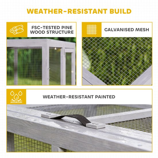 Details van de weerbestendige constructie van de grijze houten ren met gaas.