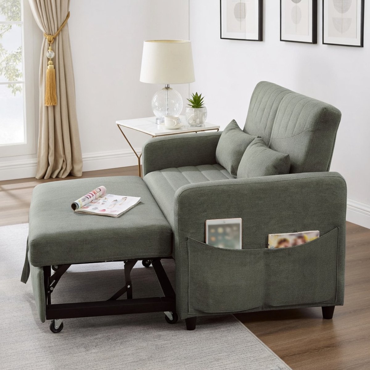 Luxe 2-Zits Uitschuifbare Slaapbank – Linnen Sofa Bed met 3-Posities Verstelbare Rugleuning, Compact Woonkamermeubel inclusief 2 Kussens – Ideaal voor Kleine Ruimtes en Gastenbed UrbanHome
