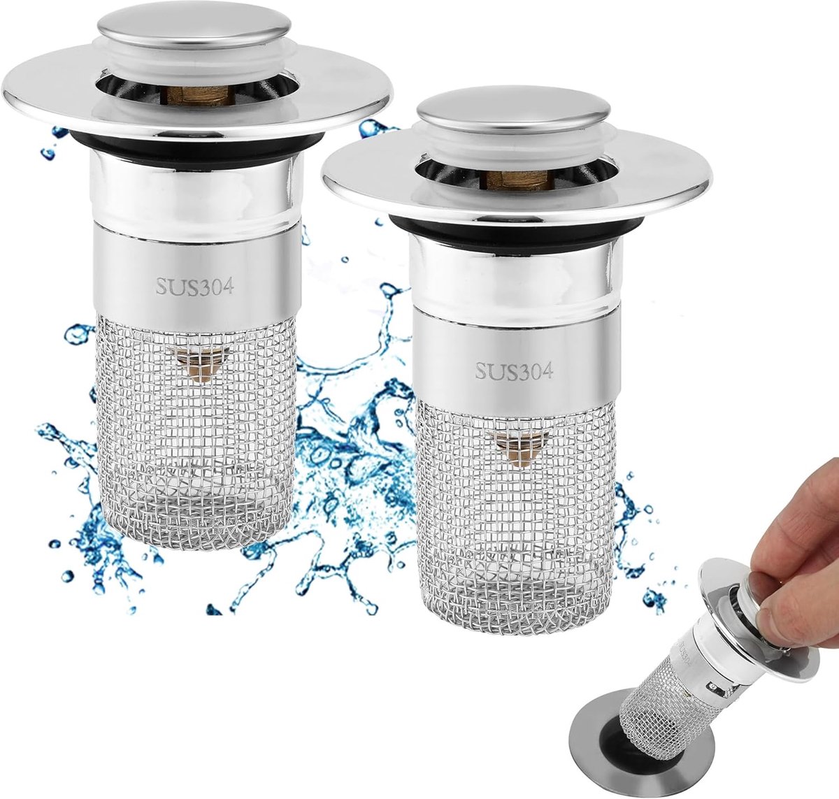 2x Universele Wastafelstopper met Zeef - Pop-up Afvoerplug 34-40mm voor Haar en Vuil