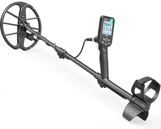 Zwarte metaaldetector met 28 cm zoekspoel en digitaal display, merk Nokta.