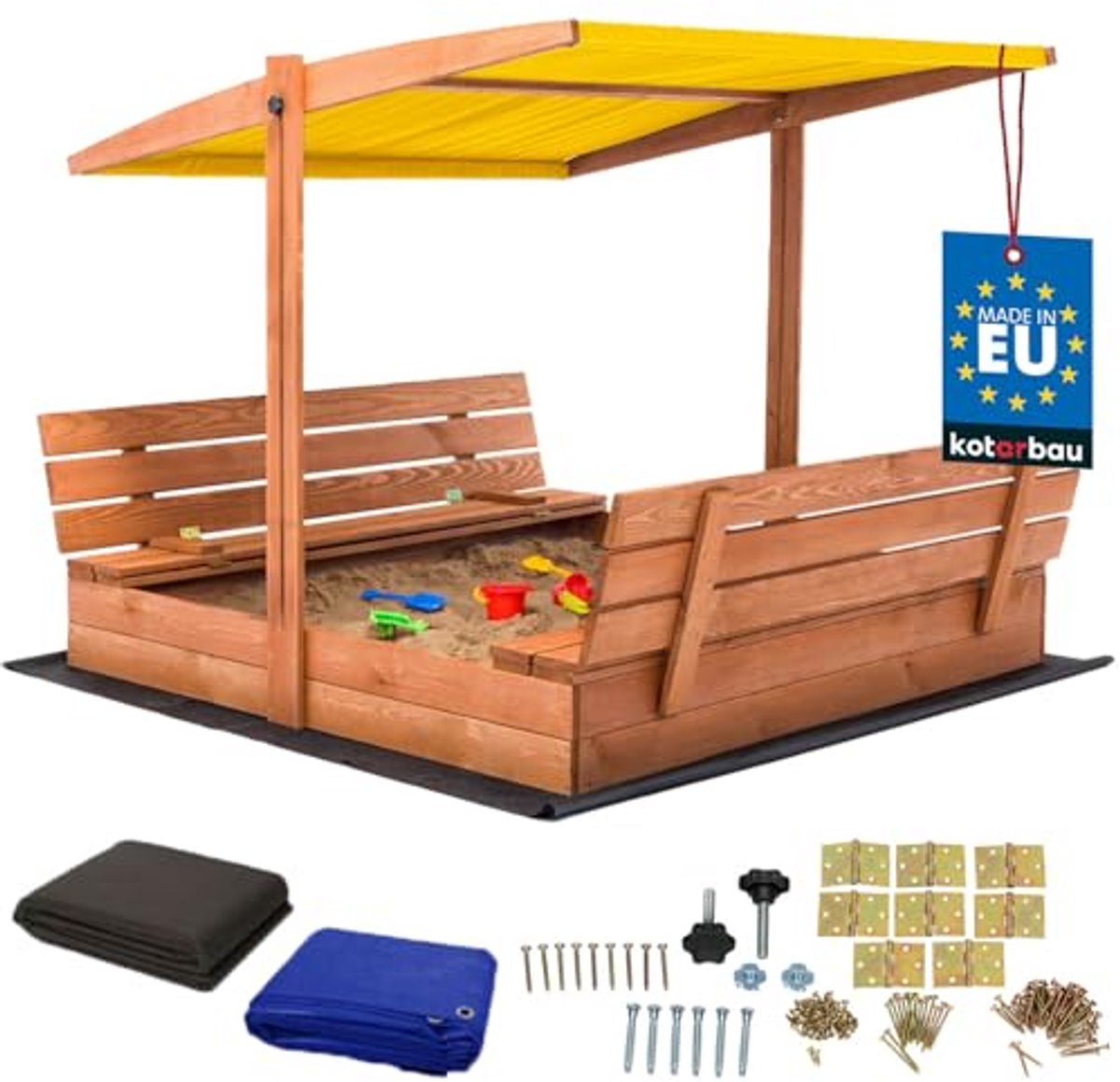 KOTARBAU® Houten Zandbak, 140 x 140 cm, Bruin, Zandbak met Bankjes, met Geel Dak, en Grondzeil, voor Tuin, Buitenspeelgoed