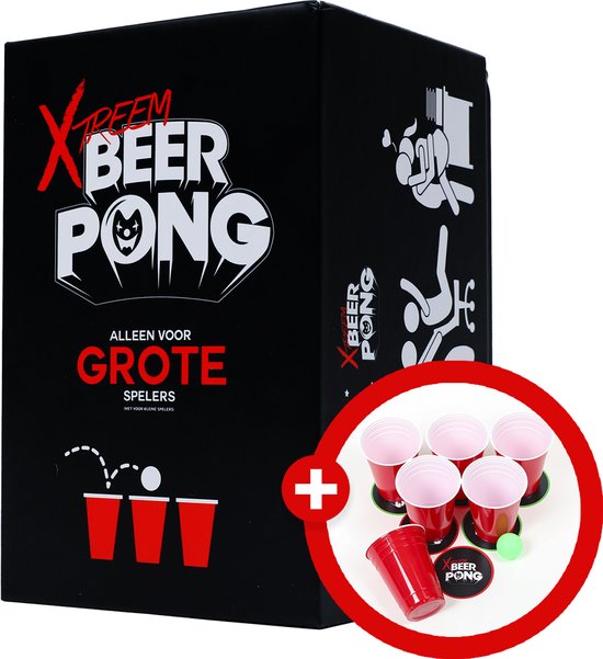 Zwarte doos met 'Xtreem Beer Pong' logo, pictogrammen en tekst 'Alleen voor Grote Spelers'. Inzet toont rode cups, groene bal en schijfjes.