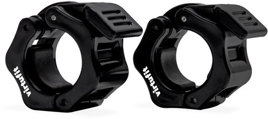 Twee zwarte VirtuFit halterstangsluiters in close-up, met het 'lock jaw' mechanisme prominent zichtbaar.