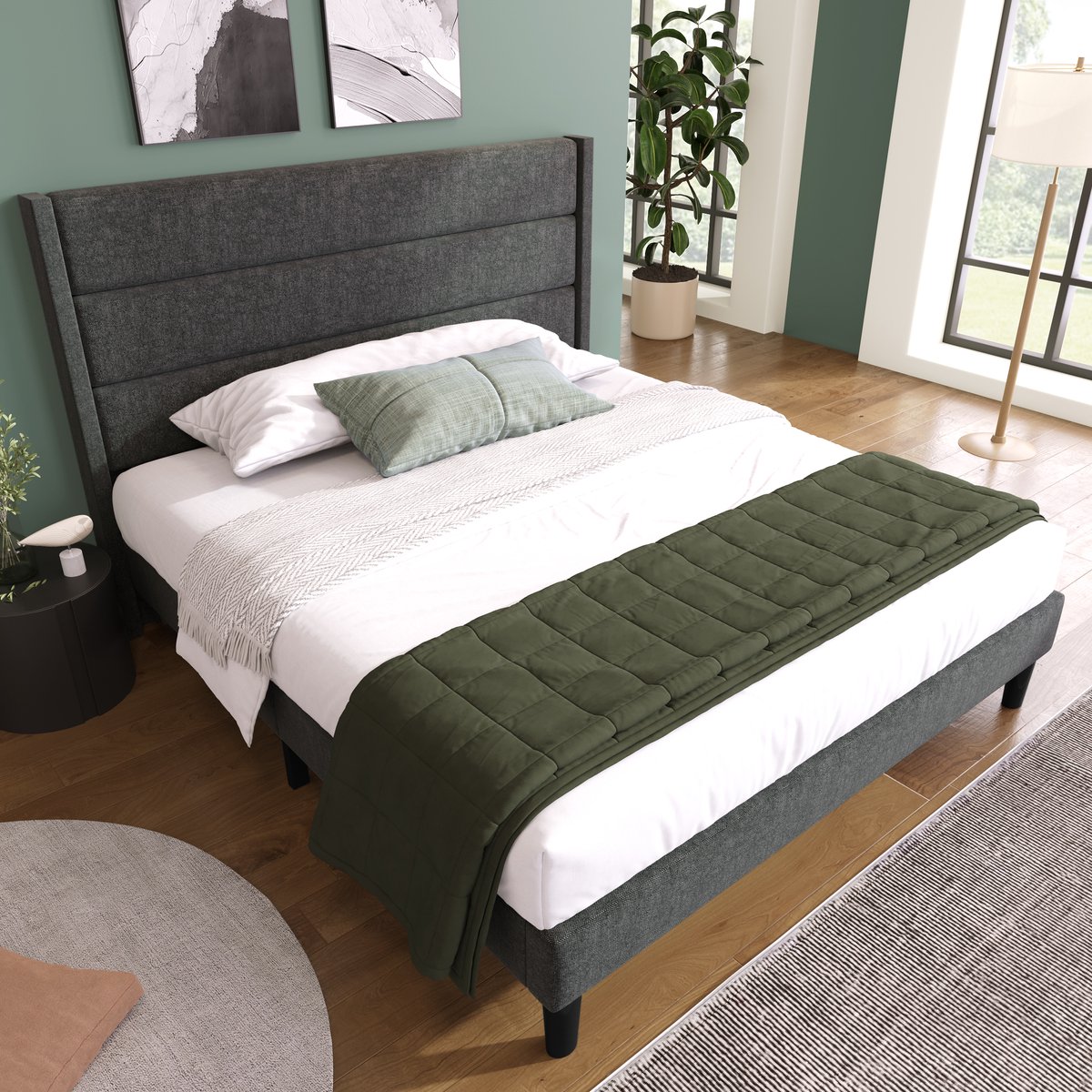 MIVRAY Gestoffeerd Bed 140x200cm - Bedframe Met Lattenbodem En Uniek Hoofdbord - Extra Opbergruimte Onder Bed - Linnen - Donkergrijs - Zonder matras