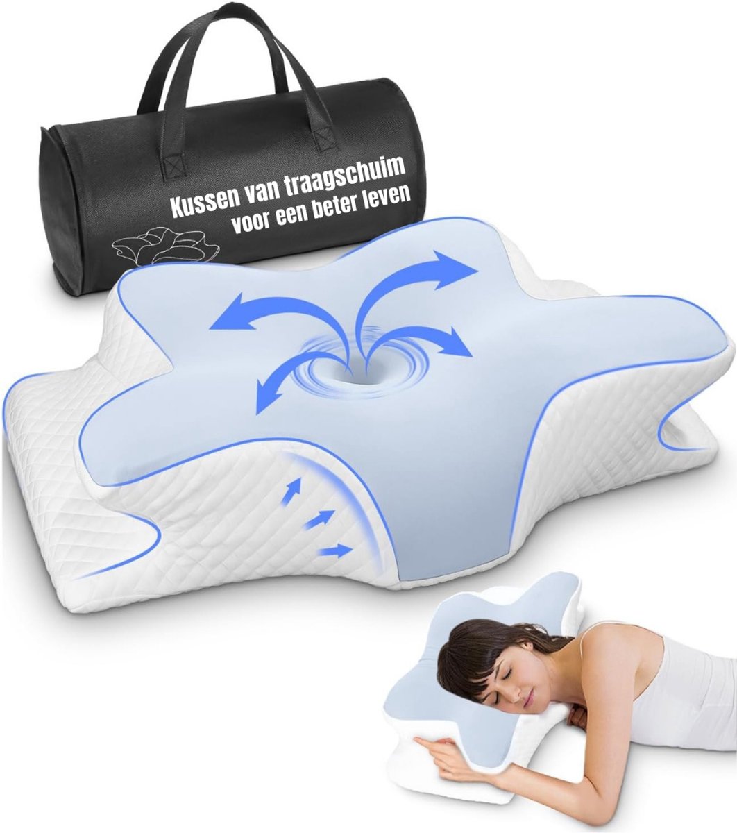 RWB® Hoofdkussen Nekklachten - Ergonomisch Hoofdkussen - Hoofdkussen - Neksteun - Traagschuim - Blauw - 62cm x 41cm x 1cm