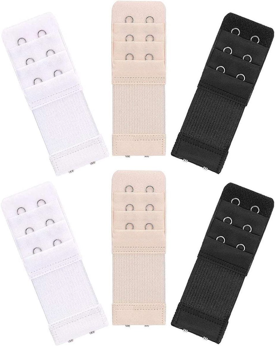Verlengstukken voor beha, set van 6 stuks, 2 haken, 3 rijen, zwart wit beige