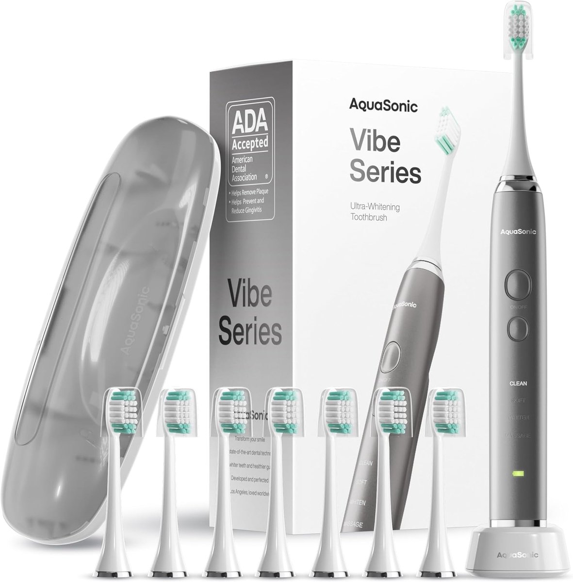 AquaSonic - Sonische Elektrische Tandenborstel - Vibe Series - Grijs - ADA Accepted Electric Toothbrush - 8 Brush Heads & Travel Case – 40,000 VPM Motor & Wireless Charging - 4 Modes w Smart Timer – Charcoal Metallic