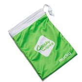 Groene "Cheeky Wipes mucky" toilettas met witte rand, trekkoord en logo.
