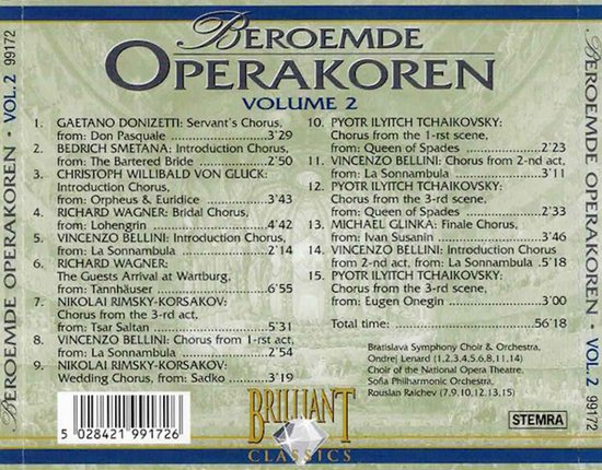 Achterkant CD-hoes "Beroemde Operakoren Volume 2". Lijst met componisten en titels van koorwerken.