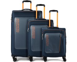 American Tourister Aktivus 4 wielen Kofferset 3-delig met uitbreidingsplooi - Zachte bagage - TSA slot - dark navy-radiant orange