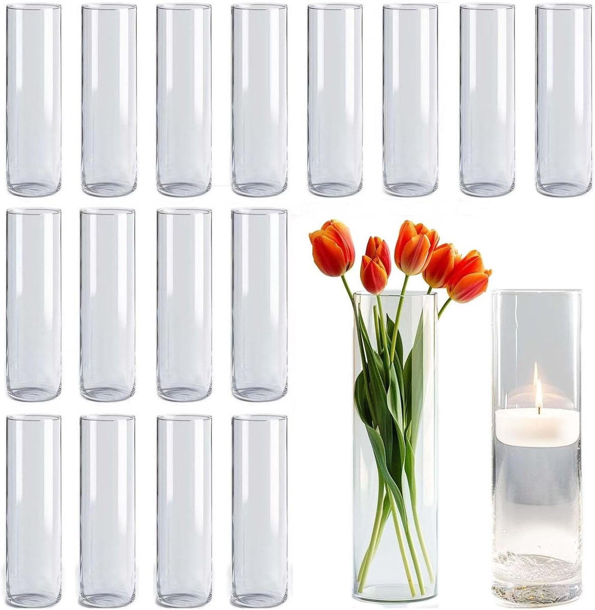 Famanu Glazen vaas cilindrische vaas voor bureaudecoratie - bloemenvaas kaars glazen fles kiezelfles kan worden gebruikt voor feest - bruiloft - banket - decoratie (18 - 4 -5 × 19 cm) Transparant