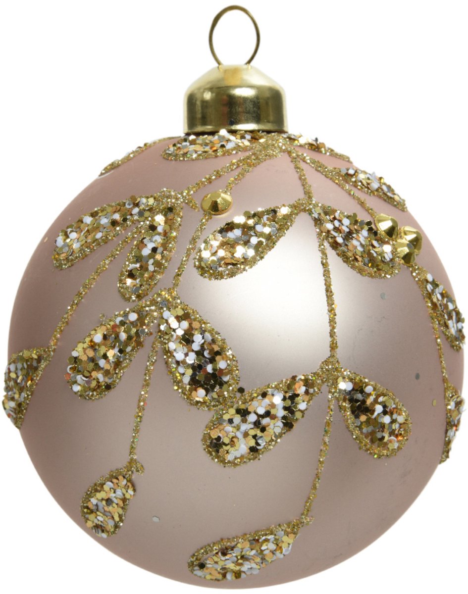 KAEMING B.V. - 3 roze poederglazen kerstballen met gouden bladeren 8 cm met glitter