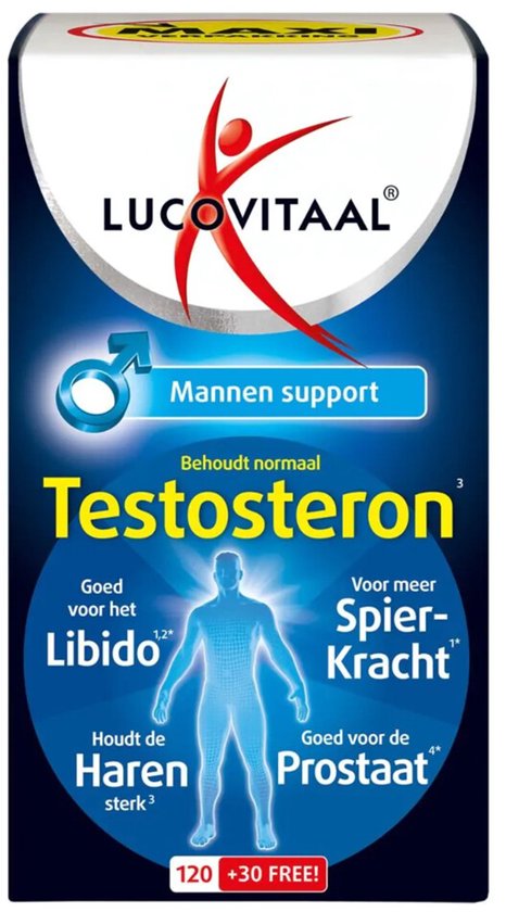 Lucovitaal Testosteron Mannen support, met mannelijke symbool. Met tekst: "Testosteron", "Mannen support", "Libido", "Spier-Kracht", "Haren sterk", "Prostaat".