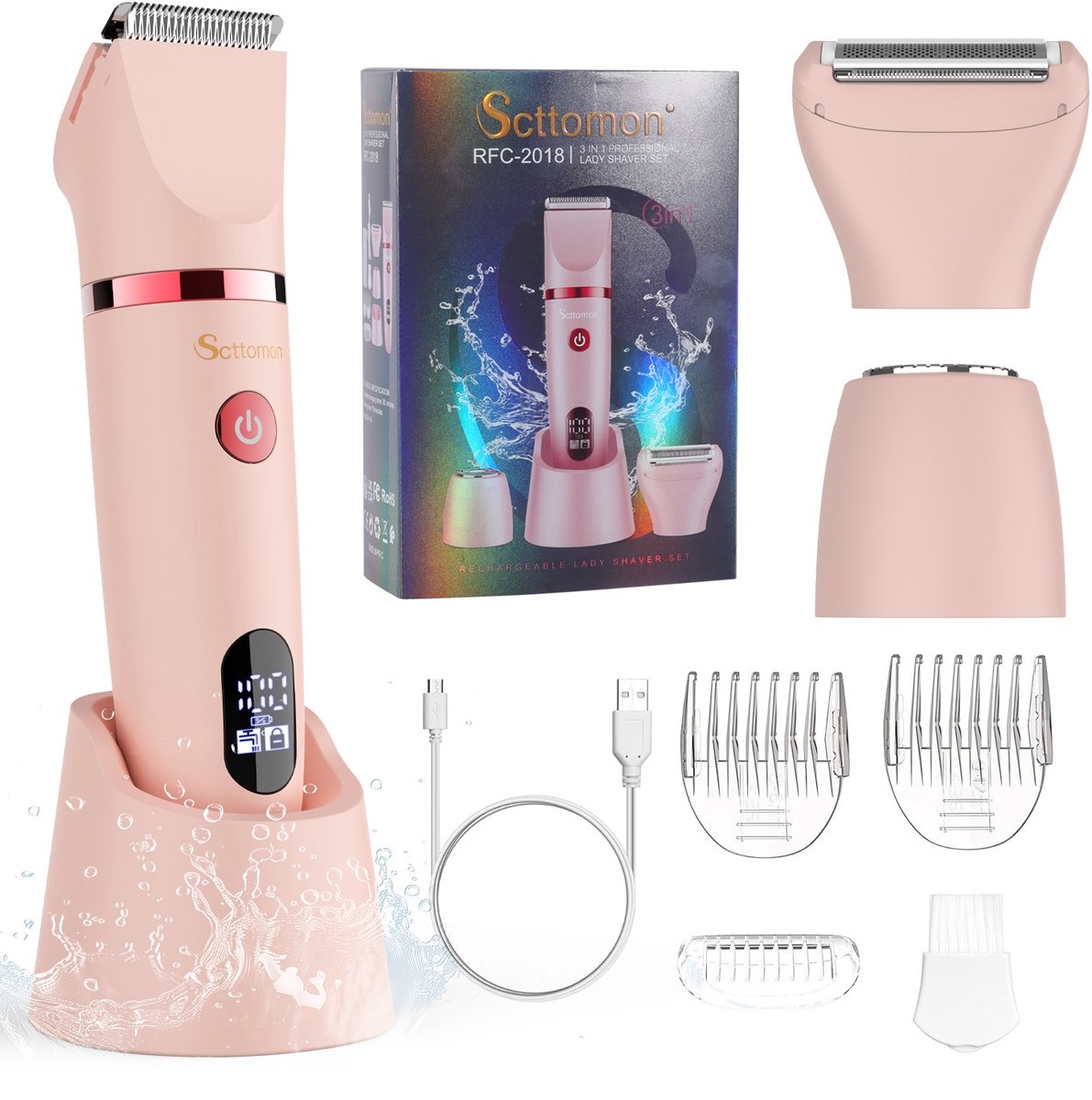 HATTEKER 3-in-1 Ladyshave - Scheerapparaat Vrouw - Epilator - Trimmer vrouw - Bikinitrimmer Dames - USB Oplaadbaar - Nat en droog - Roze