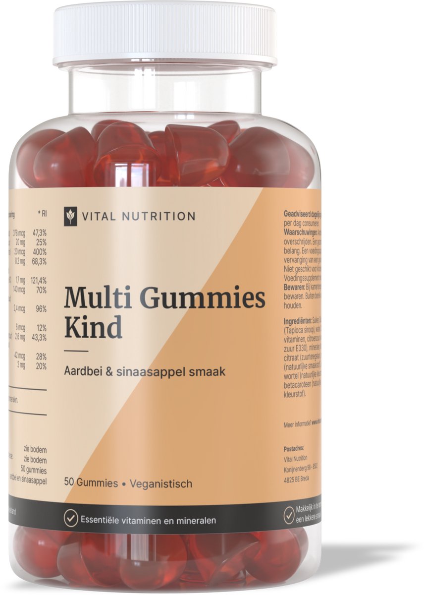 Multi Gummies Kind - Vital Nutrition - Lekkere aardbei & sinaasappel smaak - Vanaf 4 jaar - 100% plantaardig - 50 gummies