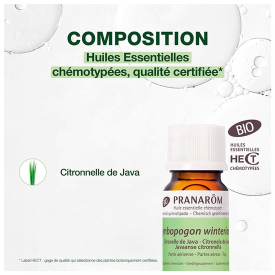 Bruine fles met witte dop, met Pranamom logo. De verpakking toont "Citronnelle de Java". Tekst links en rechts over de samenstelling.