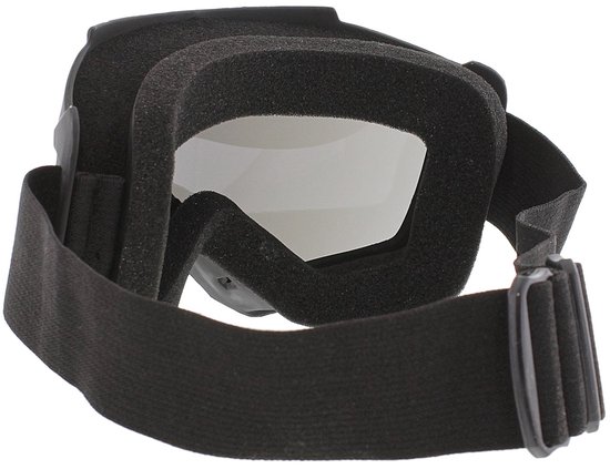 Zwarte crossbril met dik zwart schuimrubber aan de binnenkant en verstelbare zwarte band.