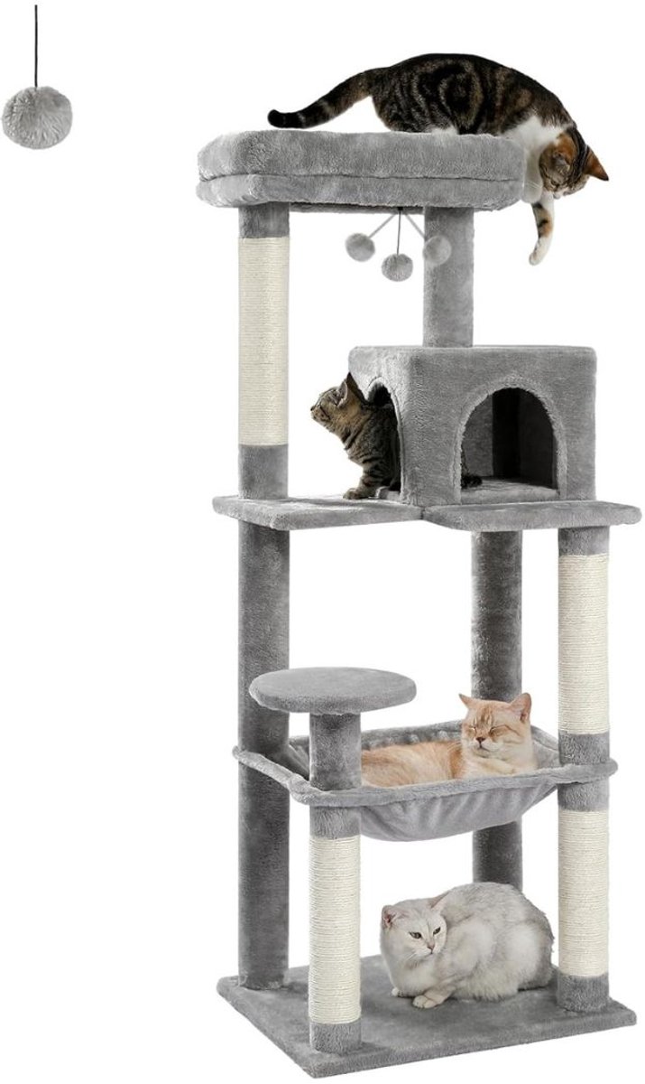 Aurixi® Krabpaal Voor Zware Katten – Krabpaal Voor Grote Katten - Kat Toren - Grijs- 145cm x 45cm x 143cm