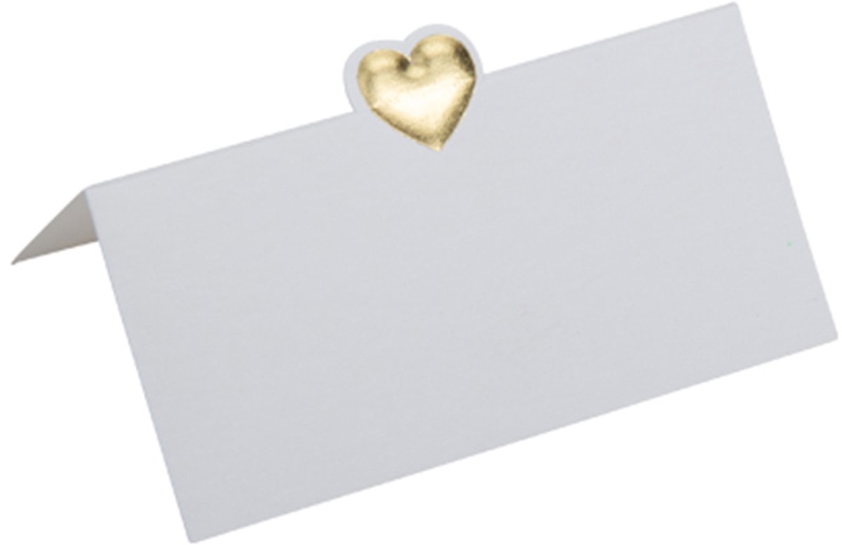 ARTYFETES - 10 witte plaatskaartjes met klein gouden hart 8 x 4 cm reliëf