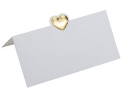 ARTYFETES - 10 witte plaatskaartjes met klein gouden hart 8 x 4 cm reliëf