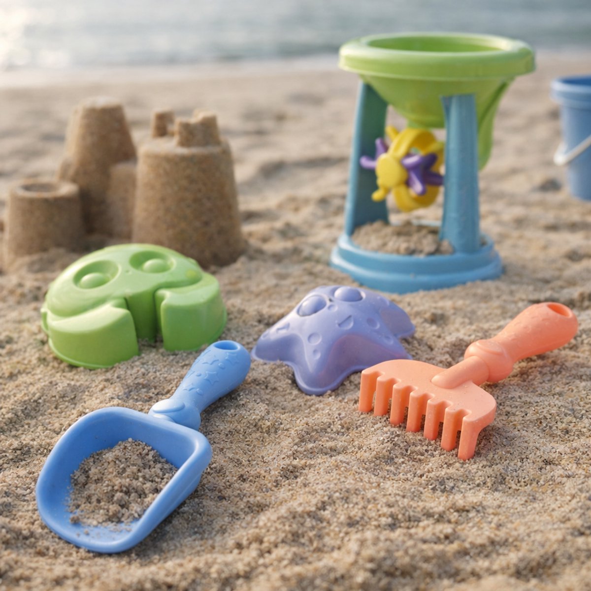 Eddy Toys beach set 4-delig - speelset met schep, hark en 2 zandvormen - kunststof, lichtgewicht - stimuleert creativiteit en motoriek - blauw, lichtgroen en lichtroze